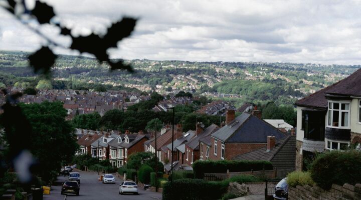 View of lots of houses from the top of a hill
