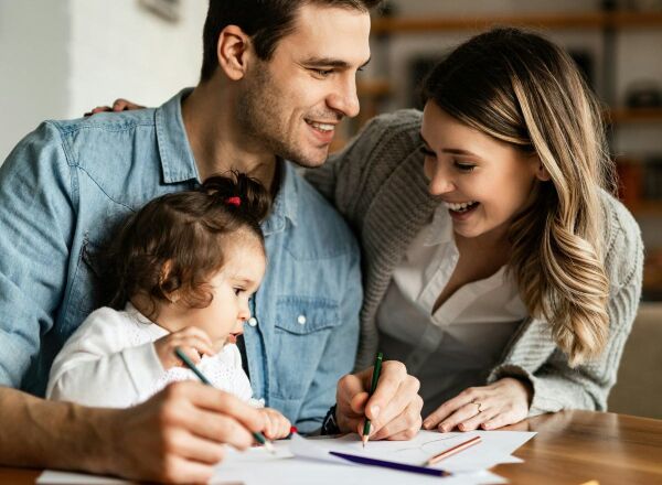 A young couple doing colouring with their baby at the kitchen table