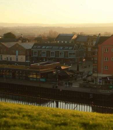 The sun rising over Exeter Quayside