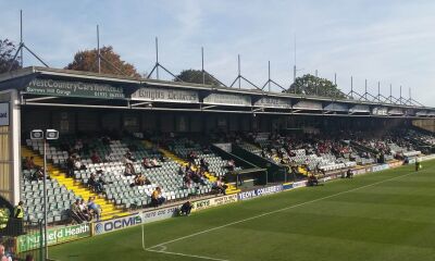 A side angle of a stand at Huish Park Stadium in Yeovil